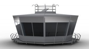 A 3-D computer rendering showing the side view of Tex ATC air traffic control tower